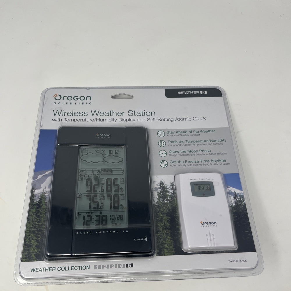 Oregon Scientific Wireless Weather Station Atomic Clock BAR388 Black New Sealed